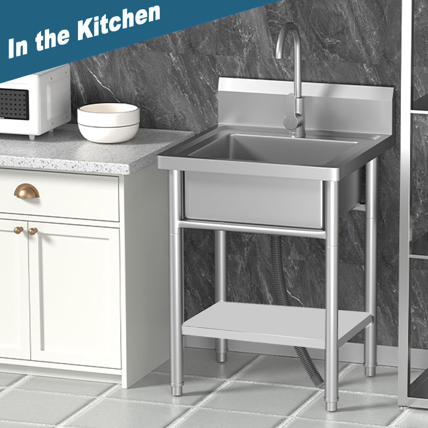 Utility Sink Freestanding Single Bowl Stainless Steel Laundry Sink with Shelf board Hot and Cold Water Plumbing for Kitchen and Bathroom