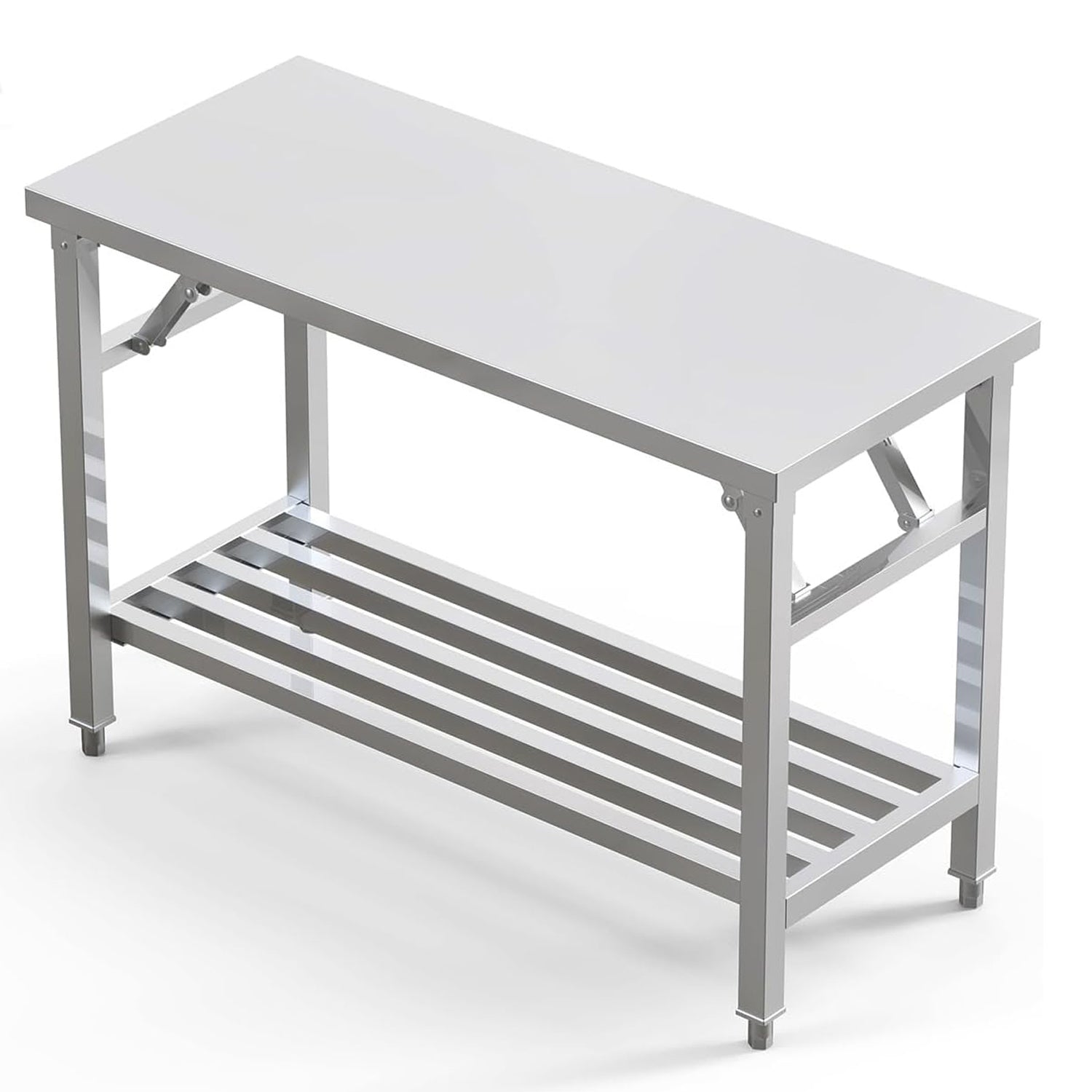 Kitchen Work Table 20'' X 44'' Scratch Resistant and Antirust Folding Stainless Steel Table with Adjustable Table Corners and Lower Removable Shelf for Outdoor Camping, Maintenance Room, Storage