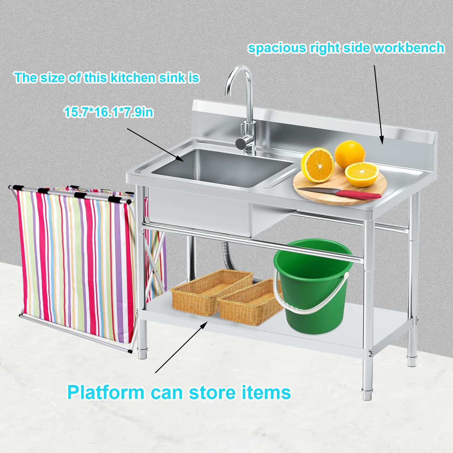 Stainless Steel Utility Sink with Cold and Hot Water Pipes with Workbench,Storage Shelf and Faucet for Kitchen,Bathroom,Farmhouse,Indoor,Outdoor