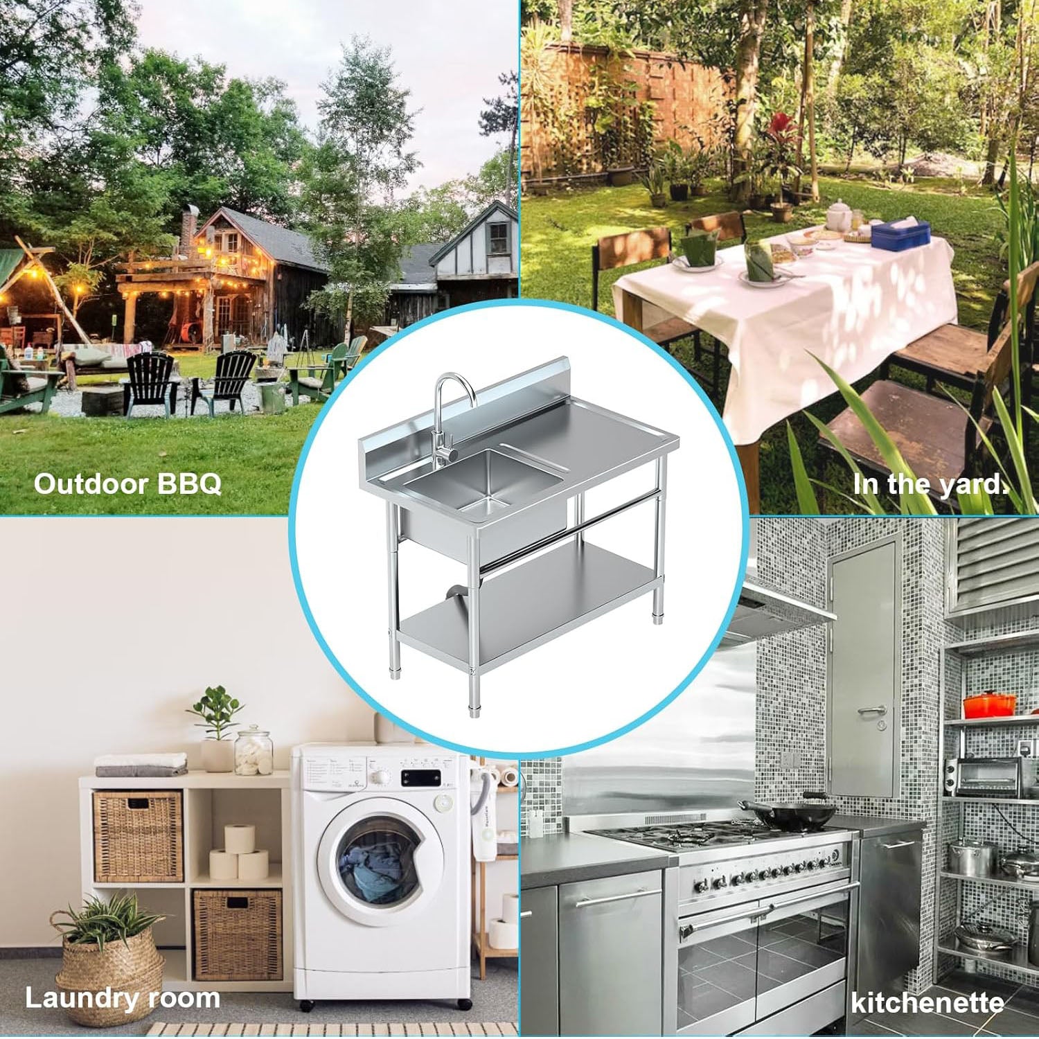 Stainless Steel Utility Sink with Cold and Hot Water Pipes with Workbench,Storage Shelf and Faucet for Kitchen,Bathroom,Farmhouse,Indoor,Outdoor