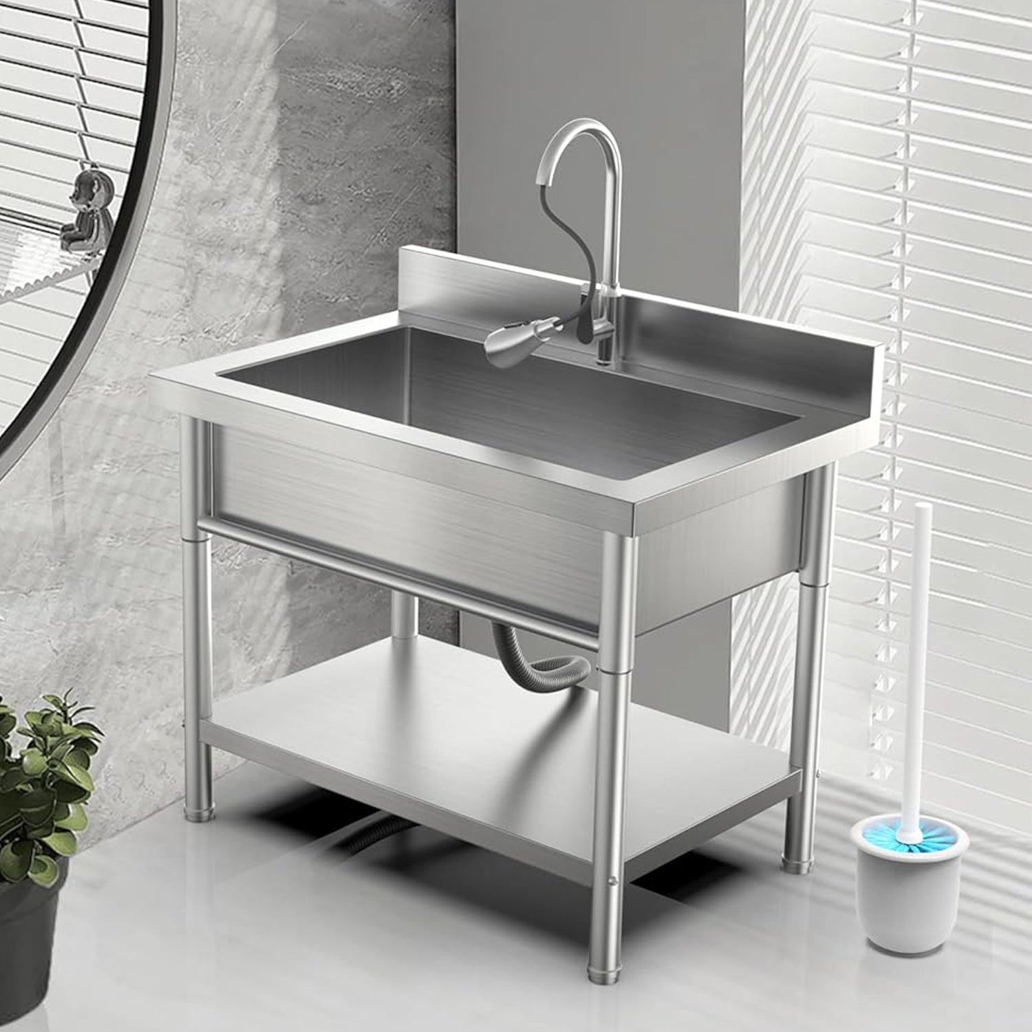 Utility Sink Stainless Steel Single Bowl Freestanding Laundry Sink with Pull-Out Faucet for Laundry Room,Garage,Kitchen,Outdoor,Indoor