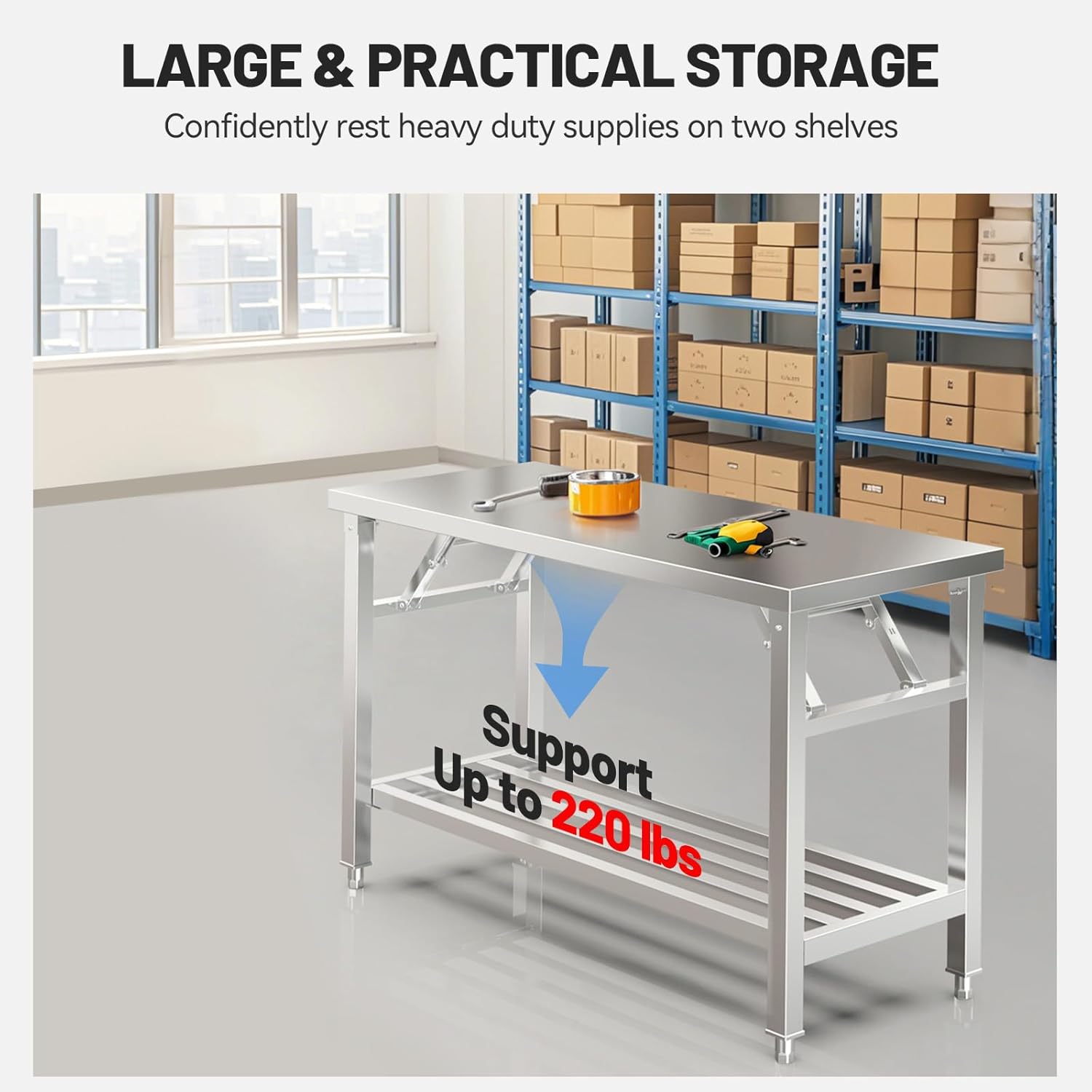 Kitchen Work Table 20'' X 44'' Scratch Resistant and Antirust Folding Stainless Steel Table with Adjustable Table Corners and Lower Removable Shelf for Outdoor Camping, Maintenance Room, Storage
