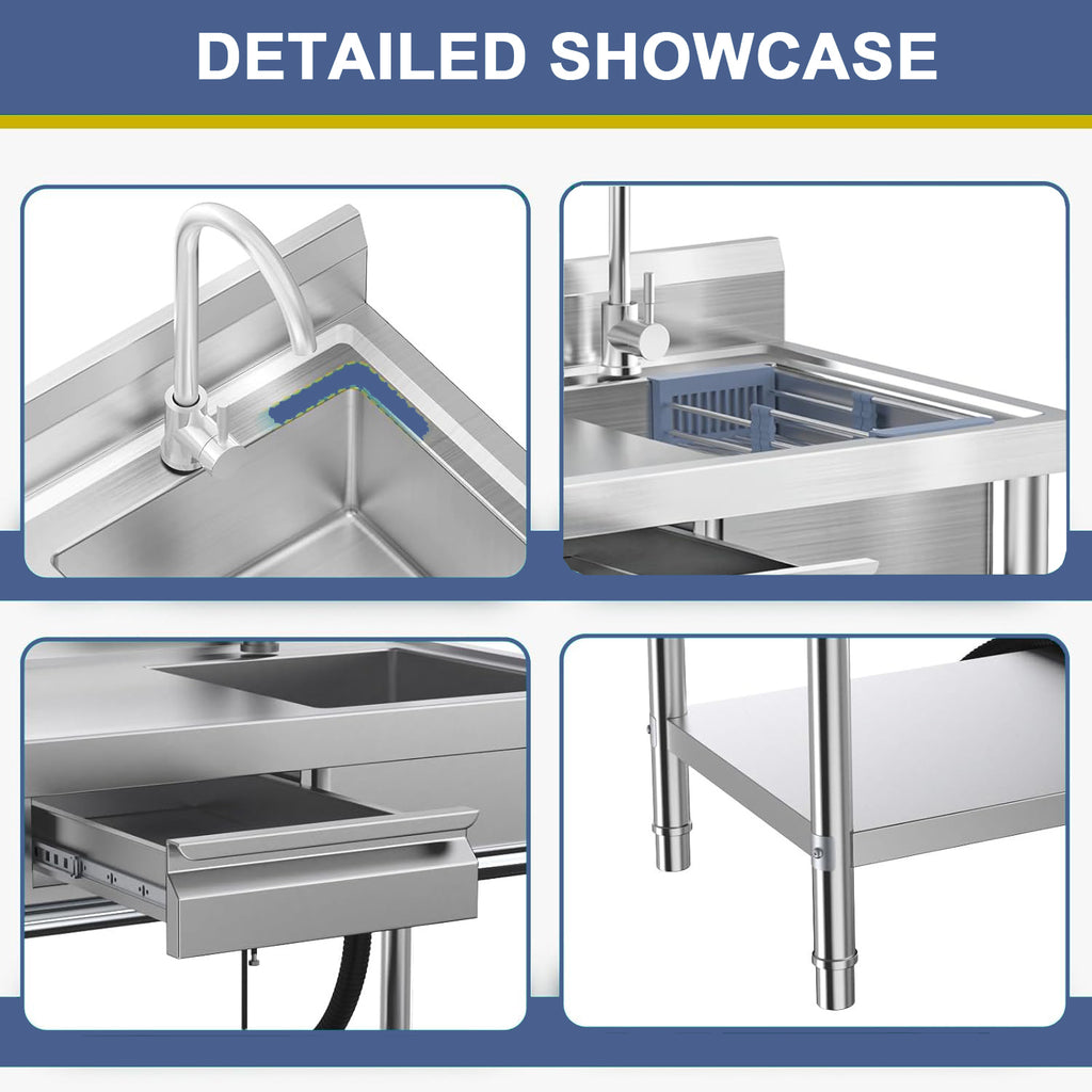 Stainless Steel Utility Sink Commercial Kitchen Sink 40'' Free Standing Tool Sink with Drawer & Cold and Hot Water Pipe for Laundry Room Indoor and Outdoor