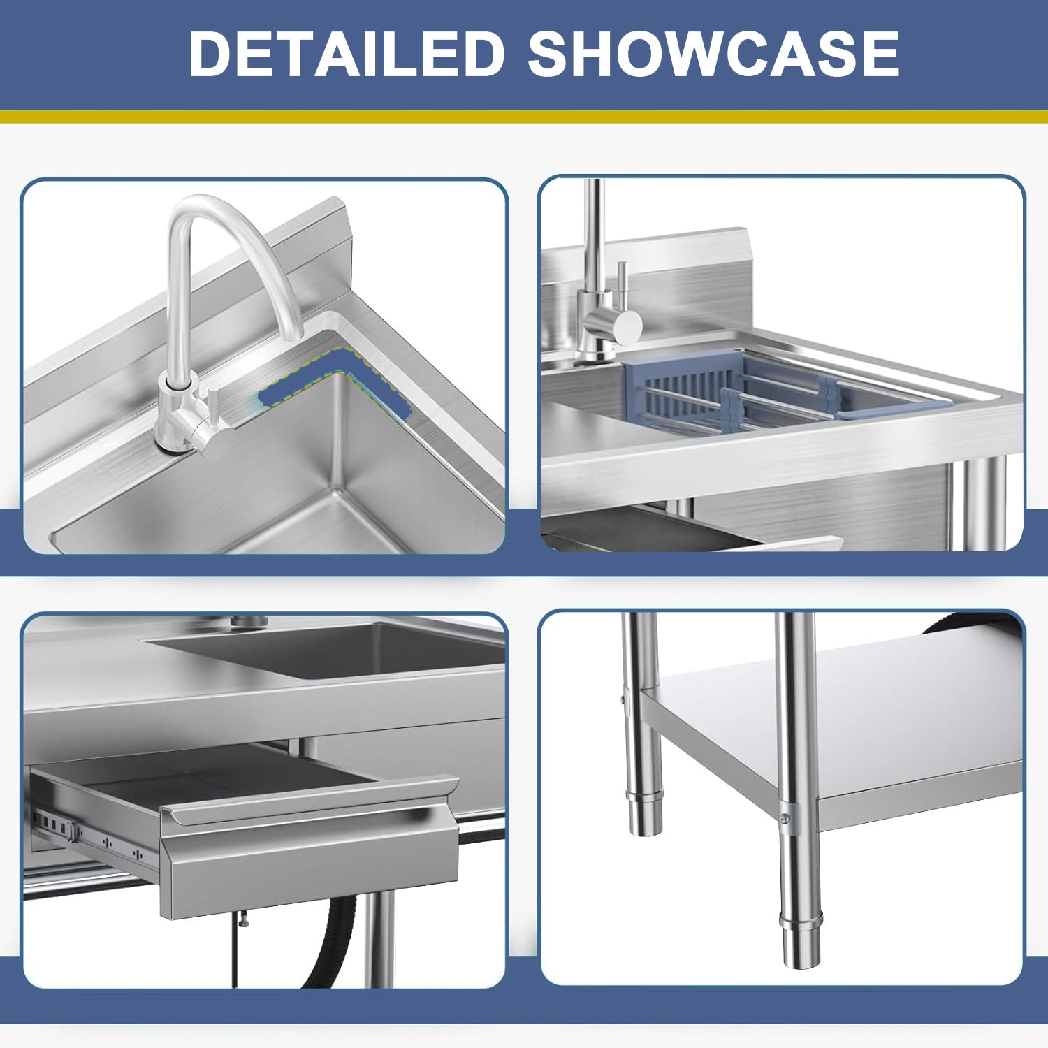 Stainless Steel Utility Sink Commercial Kitchen Sink 40'' Free Standing Tool Sink with Drawer & Cold and Hot Water Pipe for Laundry Room Indoor and Outdoor