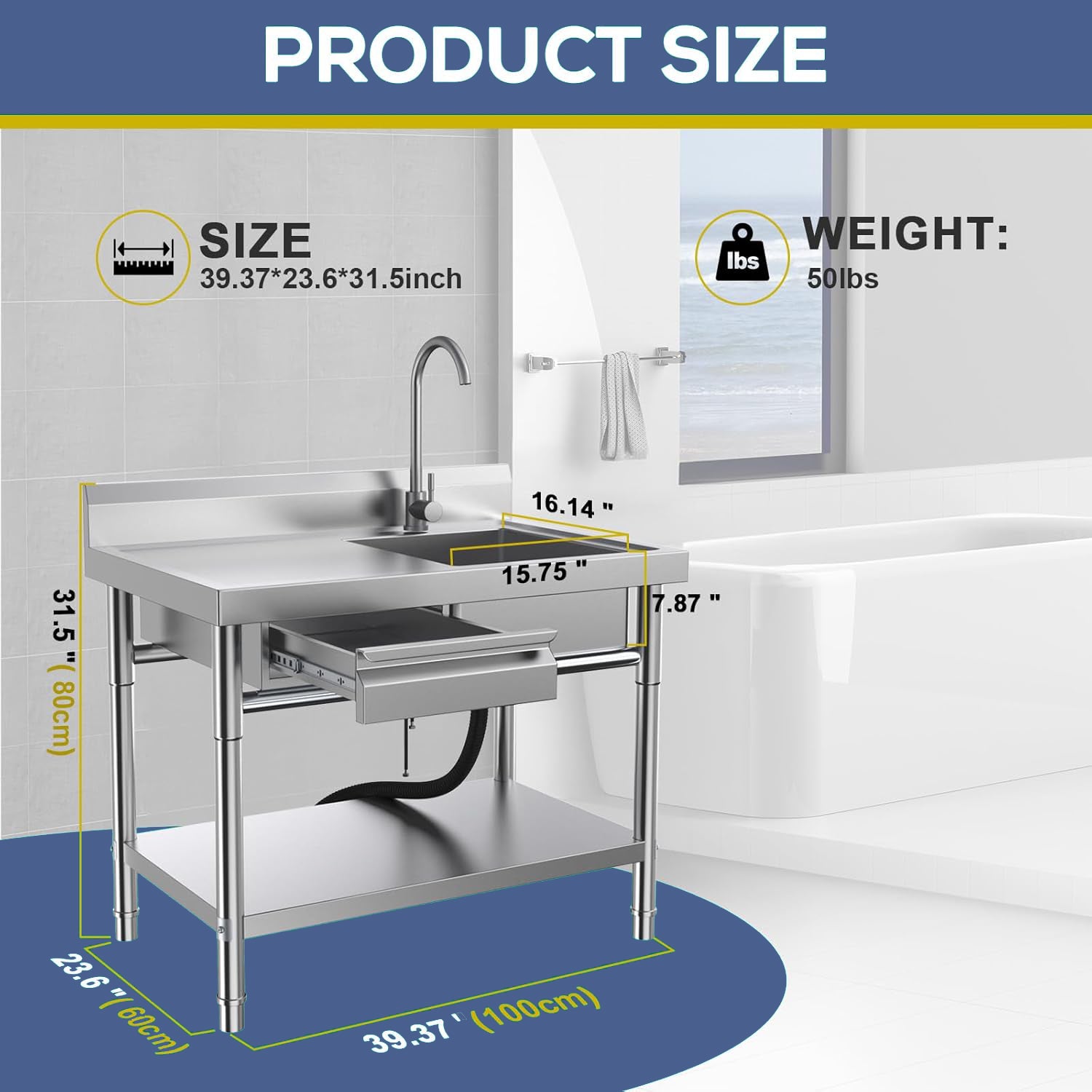 Stainless Steel Utility Sink Commercial Kitchen Sink 40'' Free Standing Tool Sink with Drawer & Cold and Hot Water Pipe for Laundry Room Indoor and Outdoor