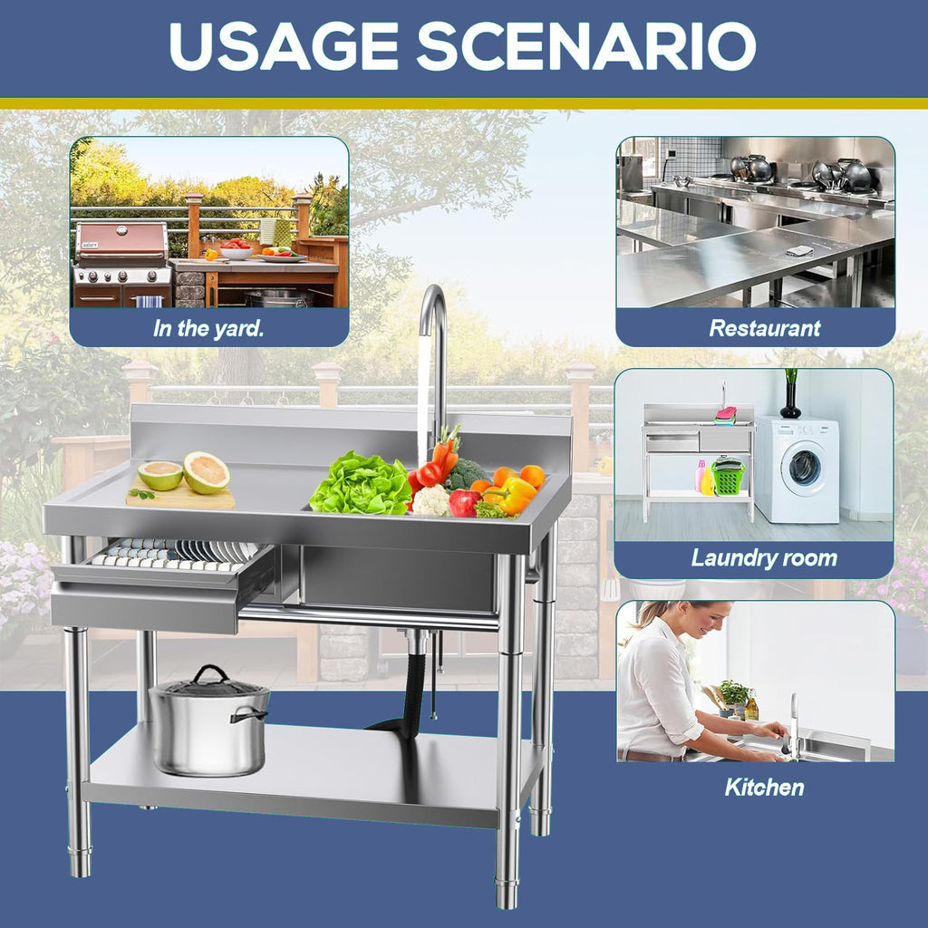 Stainless Steel Utility Sink Commercial Kitchen Sink 40'' Free Standing Tool Sink with Drawer & Cold and Hot Water Pipe for Laundry Room Indoor and Outdoor