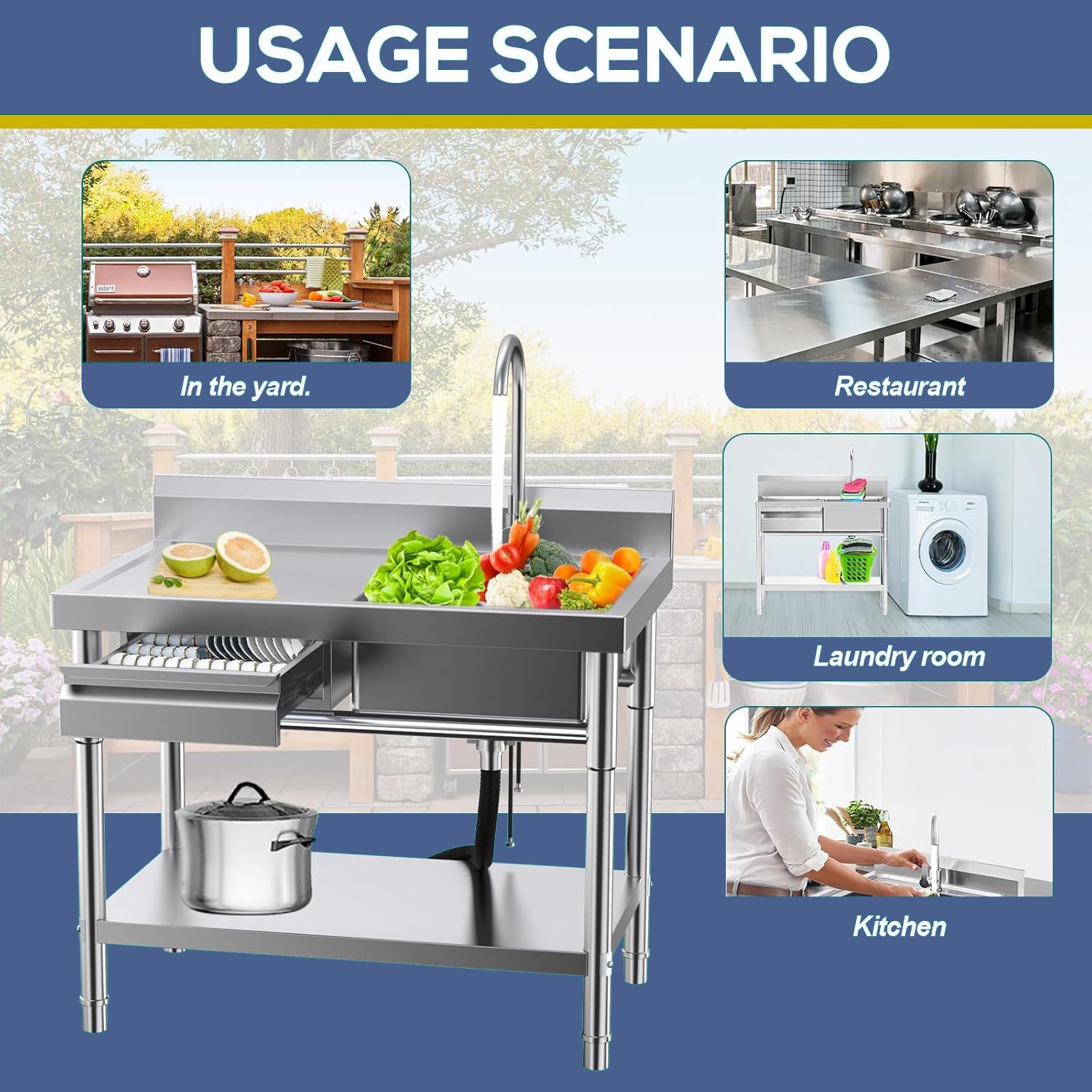Stainless Steel Utility Sink Commercial Kitchen Sink 40'' Free Standing Tool Sink with Drawer & Cold and Hot Water Pipe for Laundry Room Indoor and Outdoor