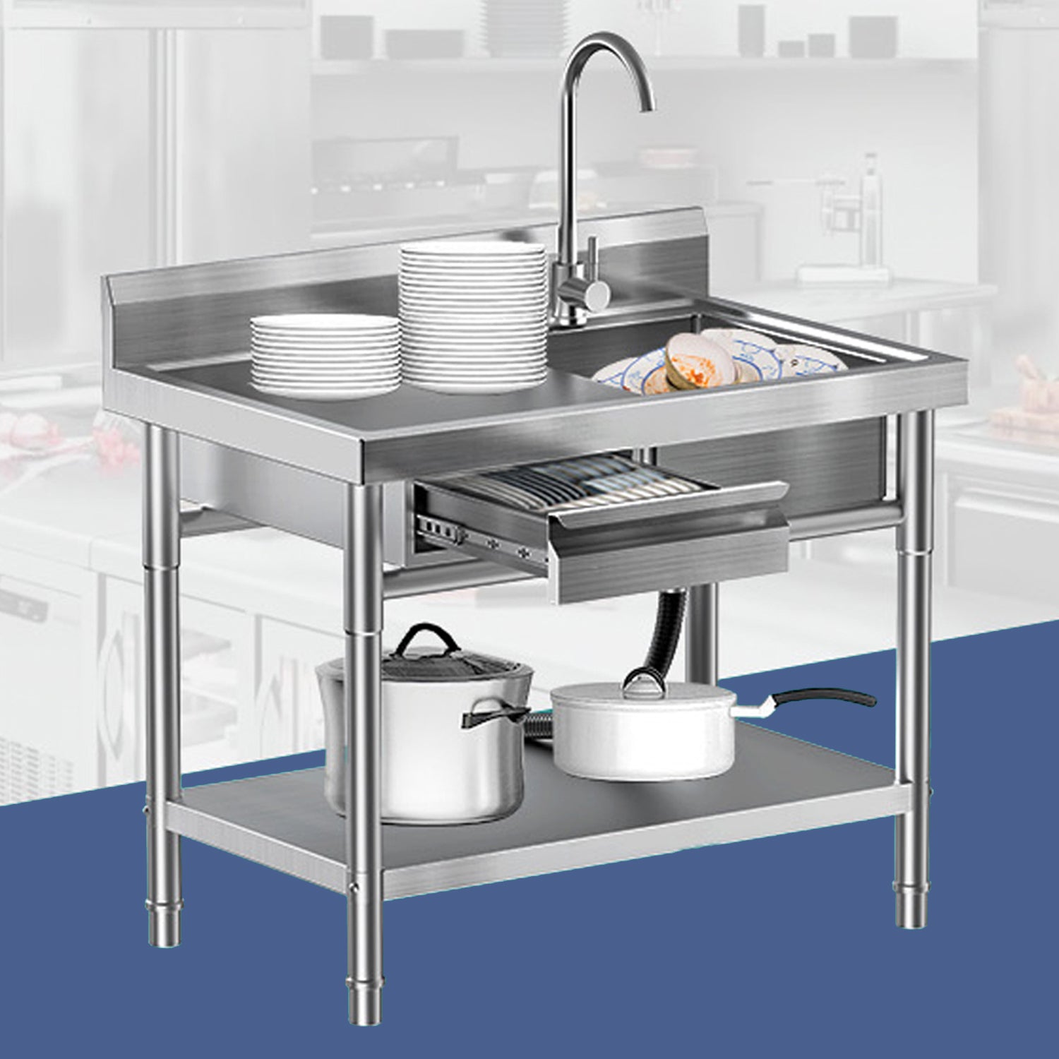 Stainless Steel Utility Sink Commercial Kitchen Sink 40'' Free Standing Tool Sink with Drawer & Cold and Hot Water Pipe for Laundry Room Indoor and Outdoor