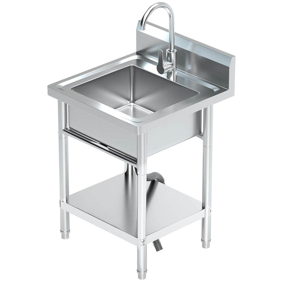 Utility Sink Freestanding Single Bowl Stainless Steel Laundry Sink with Shelf board Hot and Cold Water Plumbing for Kitchen and Bathroom