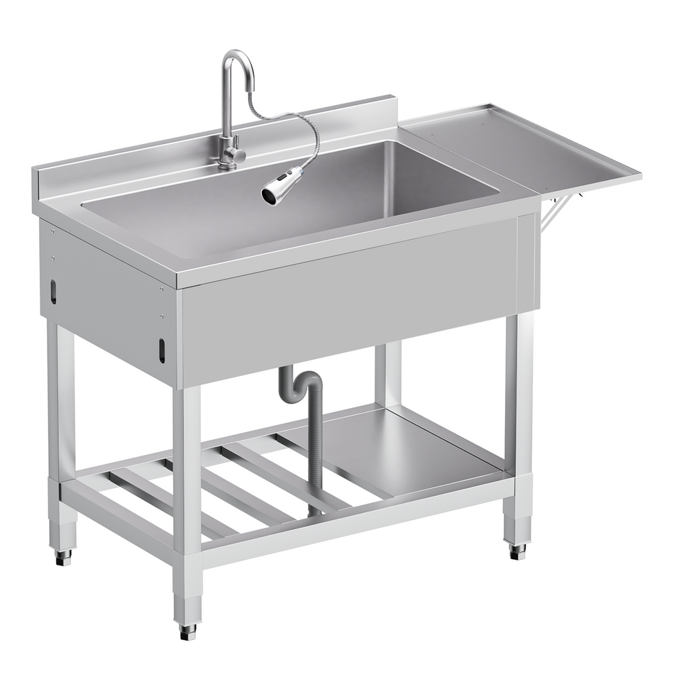 36'' Stainless Steel Utility Sink Freestanding Single Bowl Laundry Sink with 360° Swivel Pull-Out Sprayer Faucet, Hot and Cold Water Plumbing Folding Workbench for Laundry Room Farmhouse