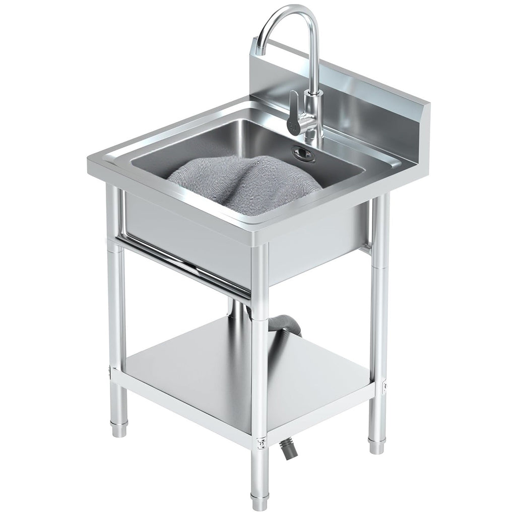 Utility Sink Freestanding Single Bowl Stainless Steel Laundry Sink with Shelf board Hot and Cold Water Plumbing for Kitchen and Bathroom