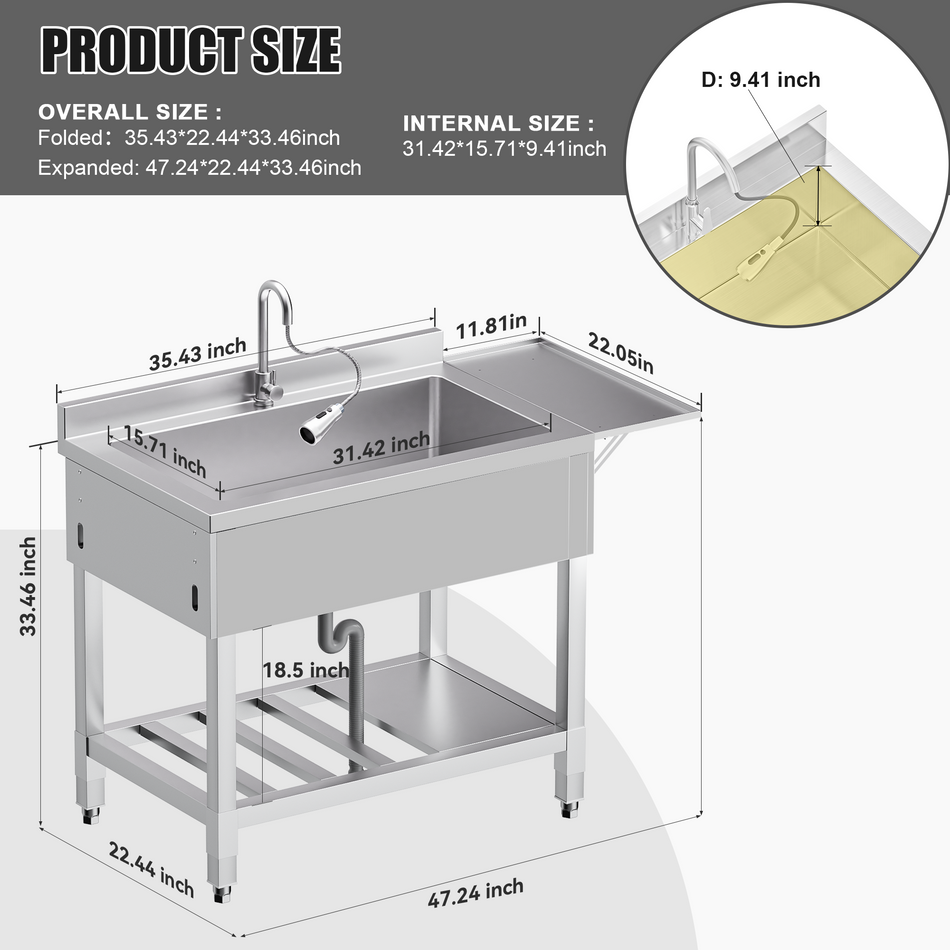 36'' Stainless Steel Utility Sink Freestanding Single Bowl Laundry Sink with 360° Swivel Pull-Out Sprayer Faucet, Hot and Cold Water Plumbing Folding Workbench for Laundry Room Farmhouse