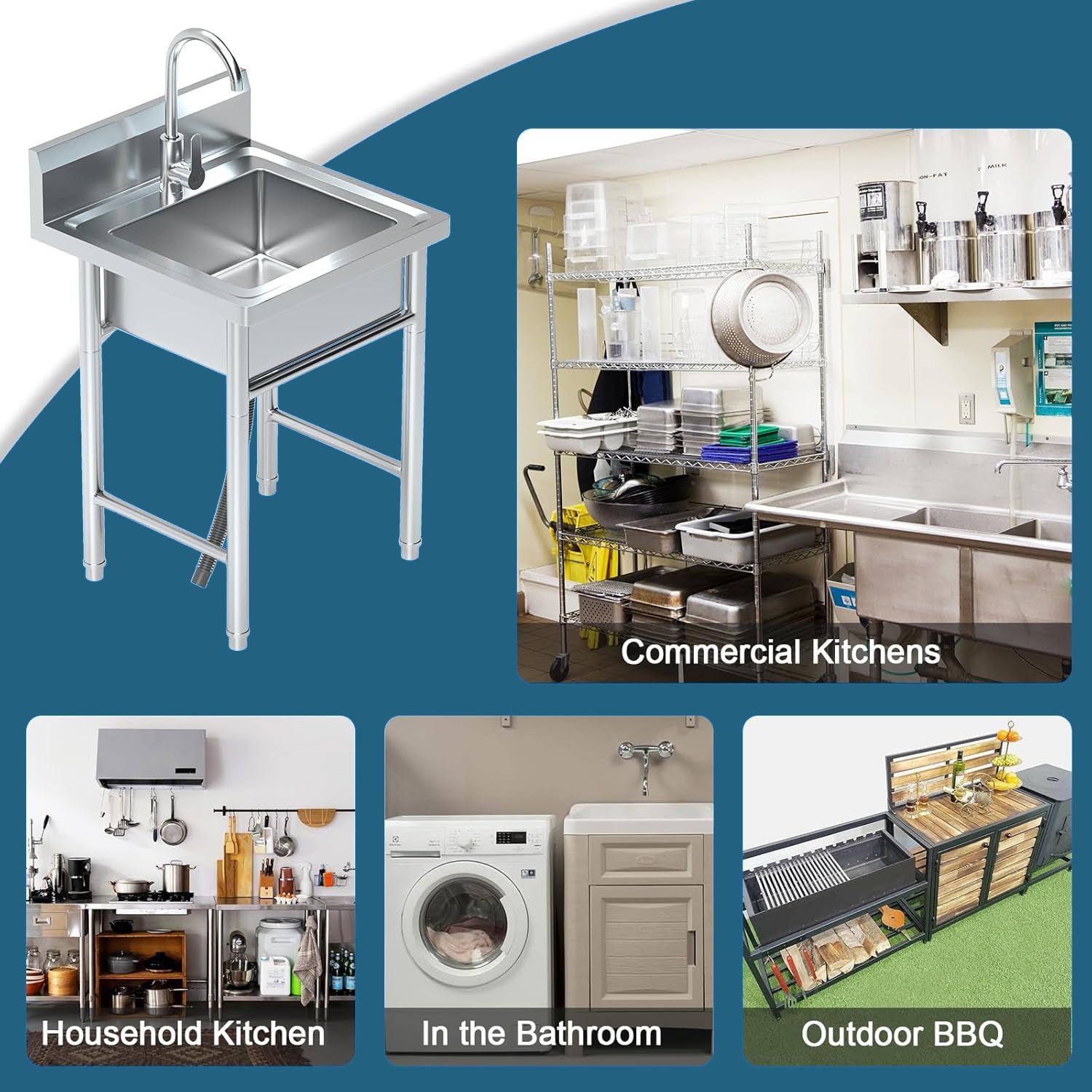 Utility Sink Freestanding Single Bowl Stainless Steel Laundry Sink with Shelf board Hot and Cold Water Plumbing for Kitchen and Bathroom
