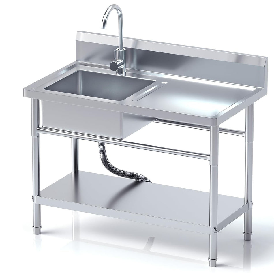 Stainless Steel Utility Sink with Cold and Hot Water Pipes with Workbench,Storage Shelf and Faucet for Kitchen,Bathroom,Farmhouse,Indoor,Outdoor