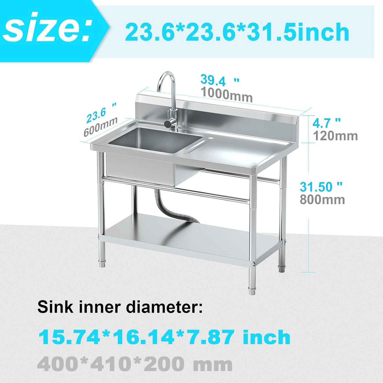 Stainless Steel Utility Sink with Cold and Hot Water Pipes with Workbench,Storage Shelf and Faucet for Kitchen,Bathroom,Farmhouse,Indoor,Outdoor