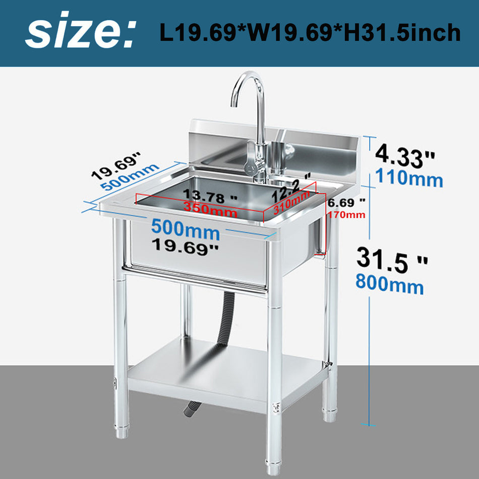 Utility Sink Freestanding Single Bowl Stainless Steel Laundry Sink with Shelf board Hot and Cold Water Plumbing for Kitchen and Bathroom