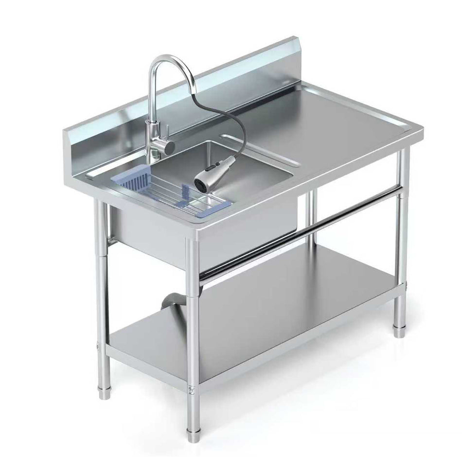 Stainless Steel Utility Sink Freestanding Single Bowl Laundry Sink with 360° Swivel Pull-Out Sprayer Faucet, Hot and Cold Water Plumbing Workbench for Laundry Room Farmhouse