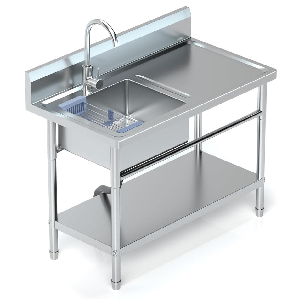 Stainless Steel Utility Sink with Cold and Hot Water Pipes with Workbench,Storage Shelf and Faucet for Kitchen,Bathroom,Farmhouse,Indoor,Outdoor