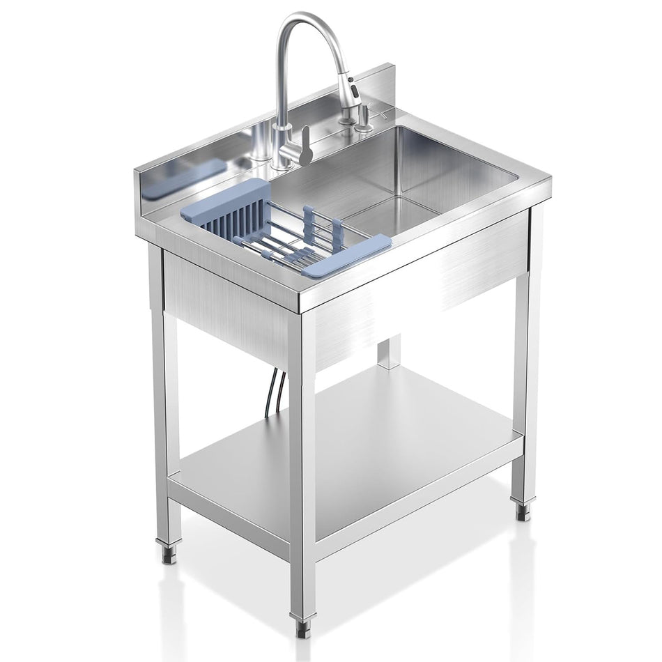 Stainless Steel Utility Sink 28" Commercial Kitchen Single Bowl Sink with Cold and Hot Water Faucet,Hoses and Drain Kit,Complete Base Plate for Kitchens, Bathrooms, Laundry Room