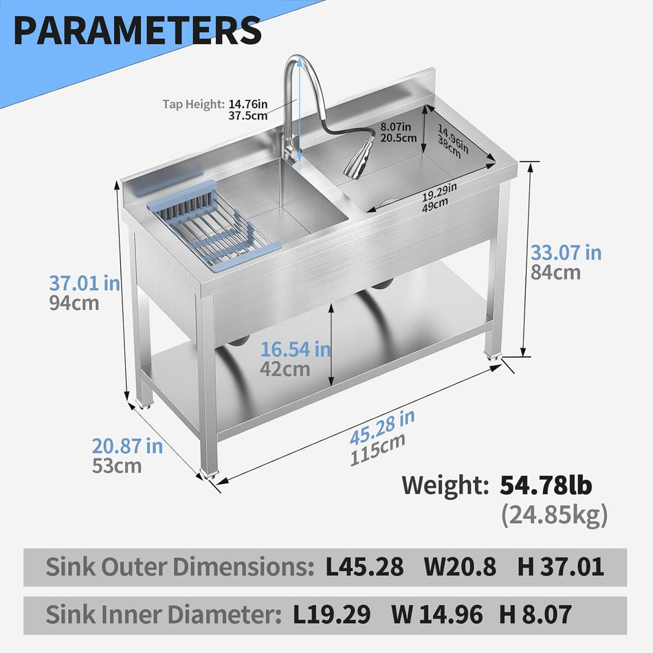 46.9Inch Stainless Steel Utility Sink 2-Compartment Commercial Sink with Pull-out Faucet, Free Standing Double Bowl Kitchen Sink for Restaurant, Garage, Shop, Cafe