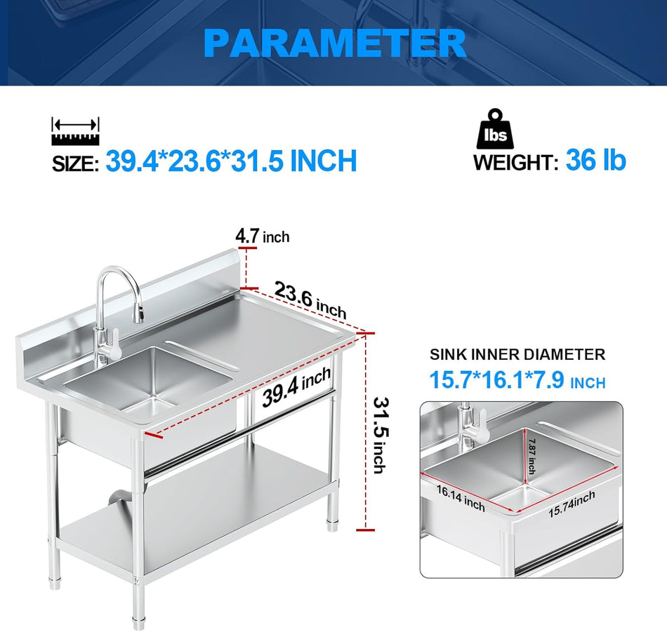 Stainless Steel Utility Sink Freestanding Single Bowl Laundry Sink with 360° Swivel Pull-Out Sprayer Faucet, Hot and Cold Water Plumbing Workbench for Laundry Room Farmhouse