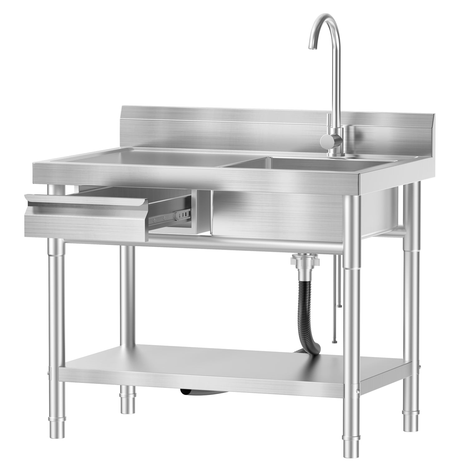Stainless Steel Utility Sink Commercial Kitchen Sink 40'' Free Standing Tool Sink with Drawer & Cold and Hot Water Pipe for Laundry Room Indoor and Outdoor