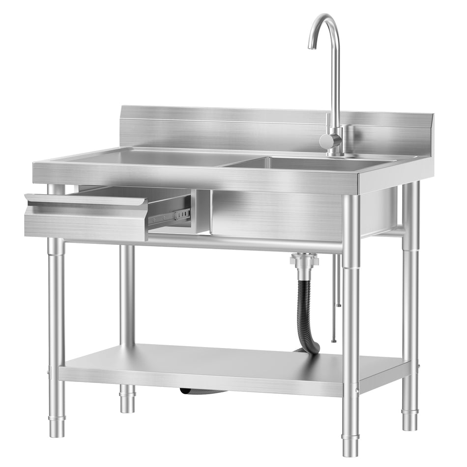 Stainless Steel Utility Sink Commercial Kitchen Sink 40'' Free Standing Tool Sink with Drawer & Cold and Hot Water Pipe for Laundry Room Indoor and Outdoor