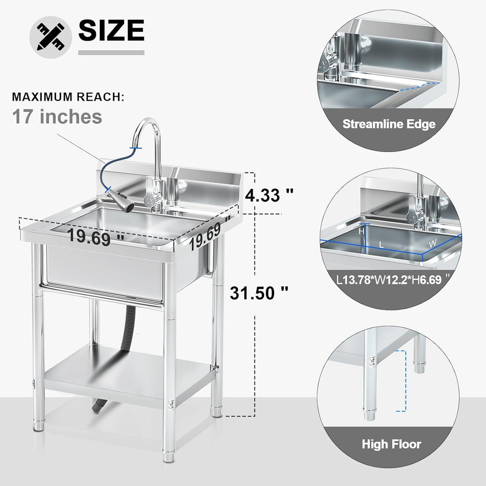 20 Inch Stainless Steel Utility Sink, Commercial Single Bowl with 360° Swivel Pull-Out Sprayer Faucet, Hot & Cold Water Lines, Drain Kit + Base Plate for Kitchen, Garage, Laundry