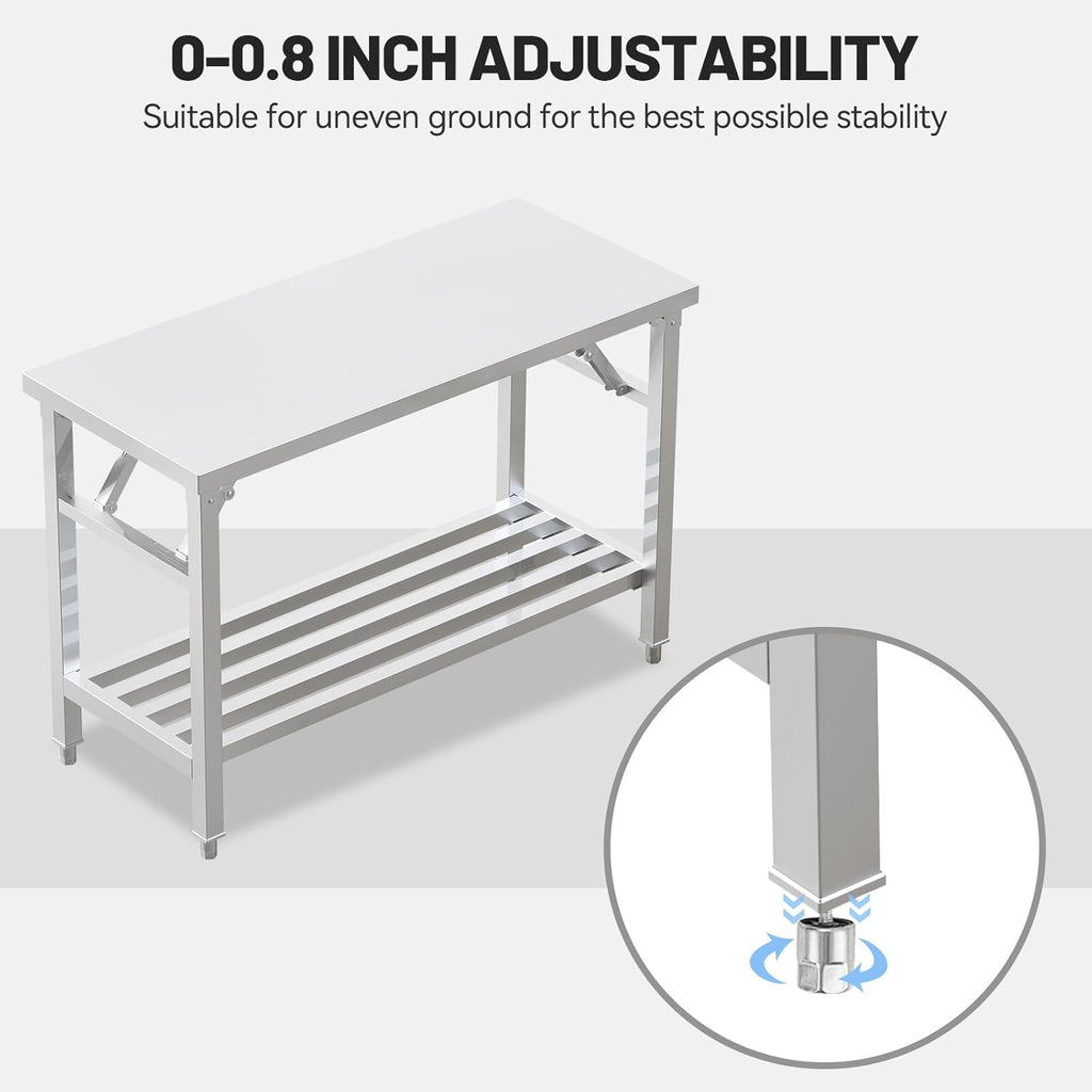 Kitchen Work Table 20'' X 44'' Scratch Resistant and Antirust Folding Stainless Steel Table with Adjustable Table Corners and Lower Removable Shelf for Outdoor Camping, Maintenance Room, Storage