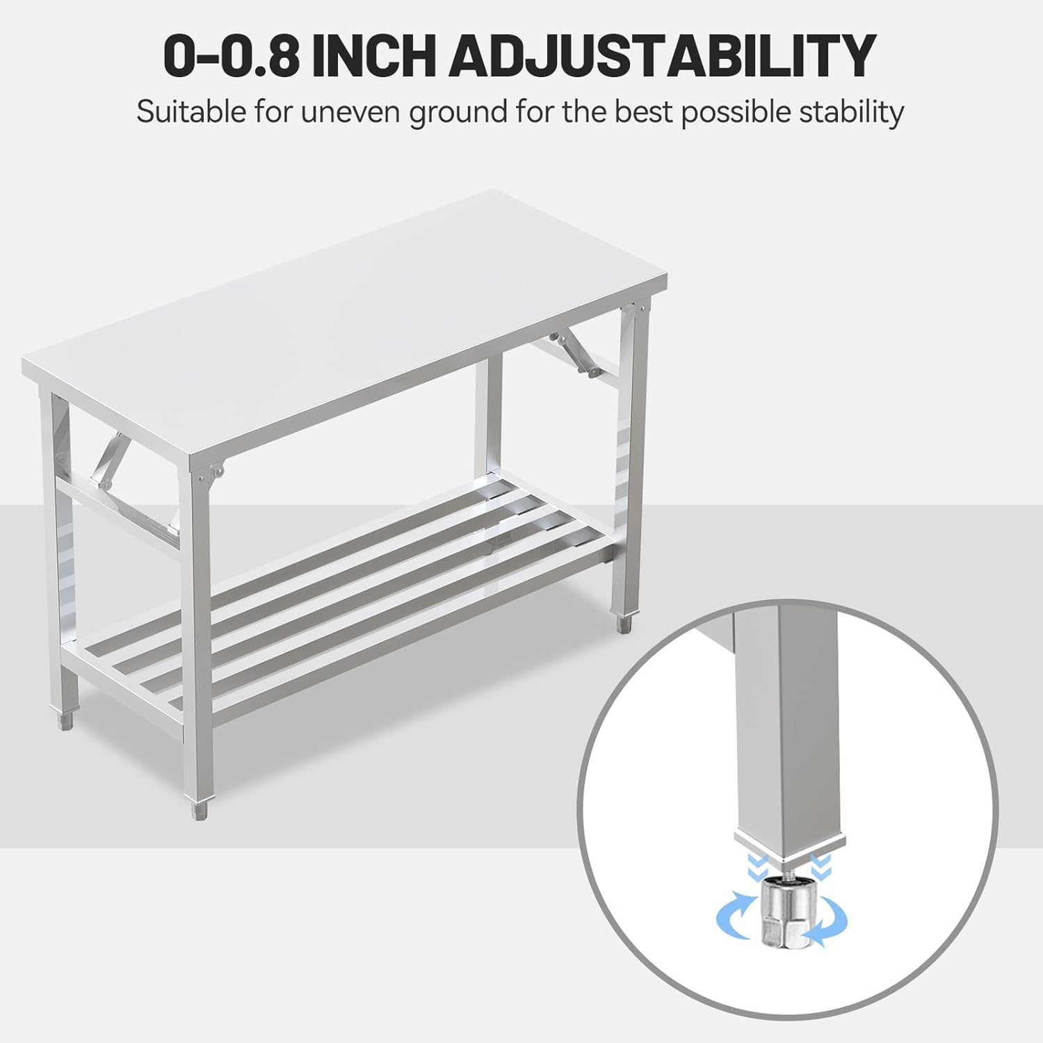Kitchen Work Table 20'' X 44'' Scratch Resistant and Antirust Folding Stainless Steel Table with Adjustable Table Corners and Lower Removable Shelf for Outdoor Camping, Maintenance Room, Storage