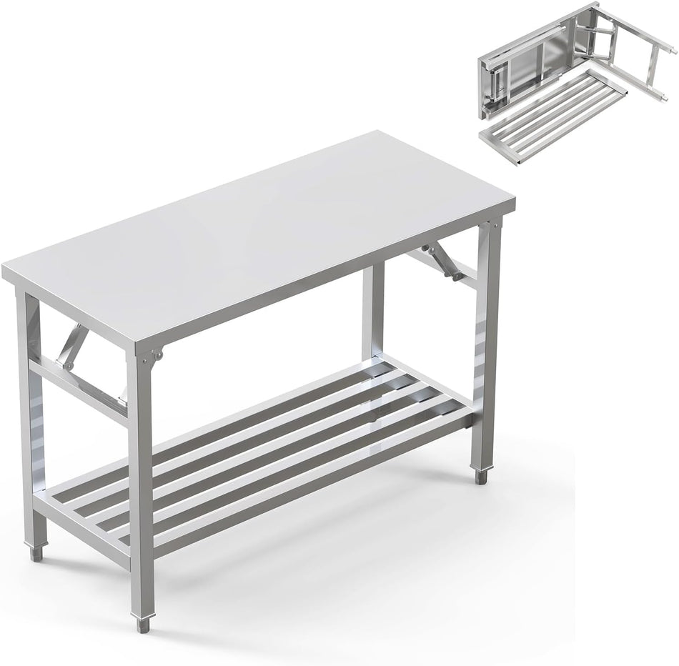 Kitchen Work Table 20'' X 44'' Scratch Resistant and Antirust Folding Stainless Steel Table with Adjustable Table Corners and Lower Removable Shelf for Outdoor Camping, Maintenance Room, Storage