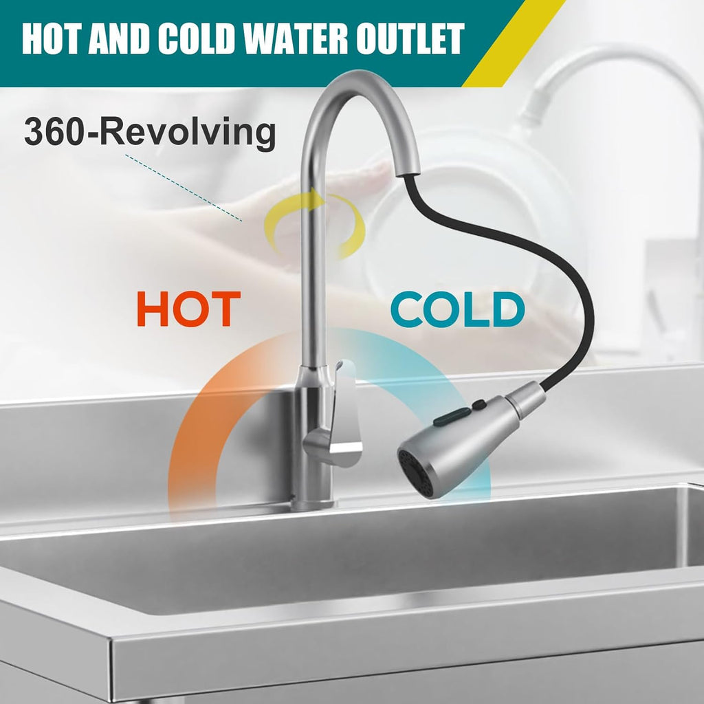 Utility Sink Stainless Steel Single Bowl Freestanding Laundry Sink with Pull-Out Faucet for Laundry Room,Garage,Kitchen,Outdoor,Indoor