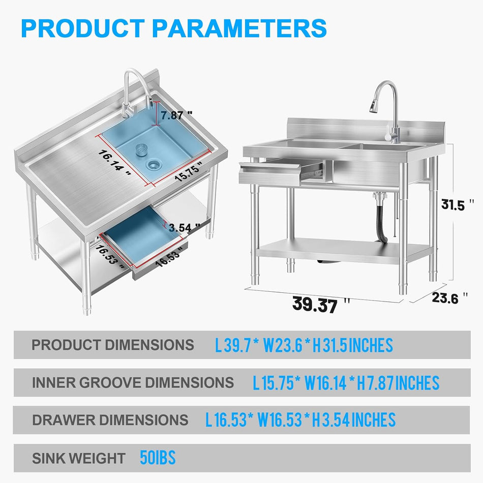Stainless Steel Utility Sink Freestanding Single Bowl Laundry Sink with 360° Swivel Pull-Out Sprayer Faucet, Hot and Cold Water Plumbing Workbench Drawers for Laundry Room Farmhouse