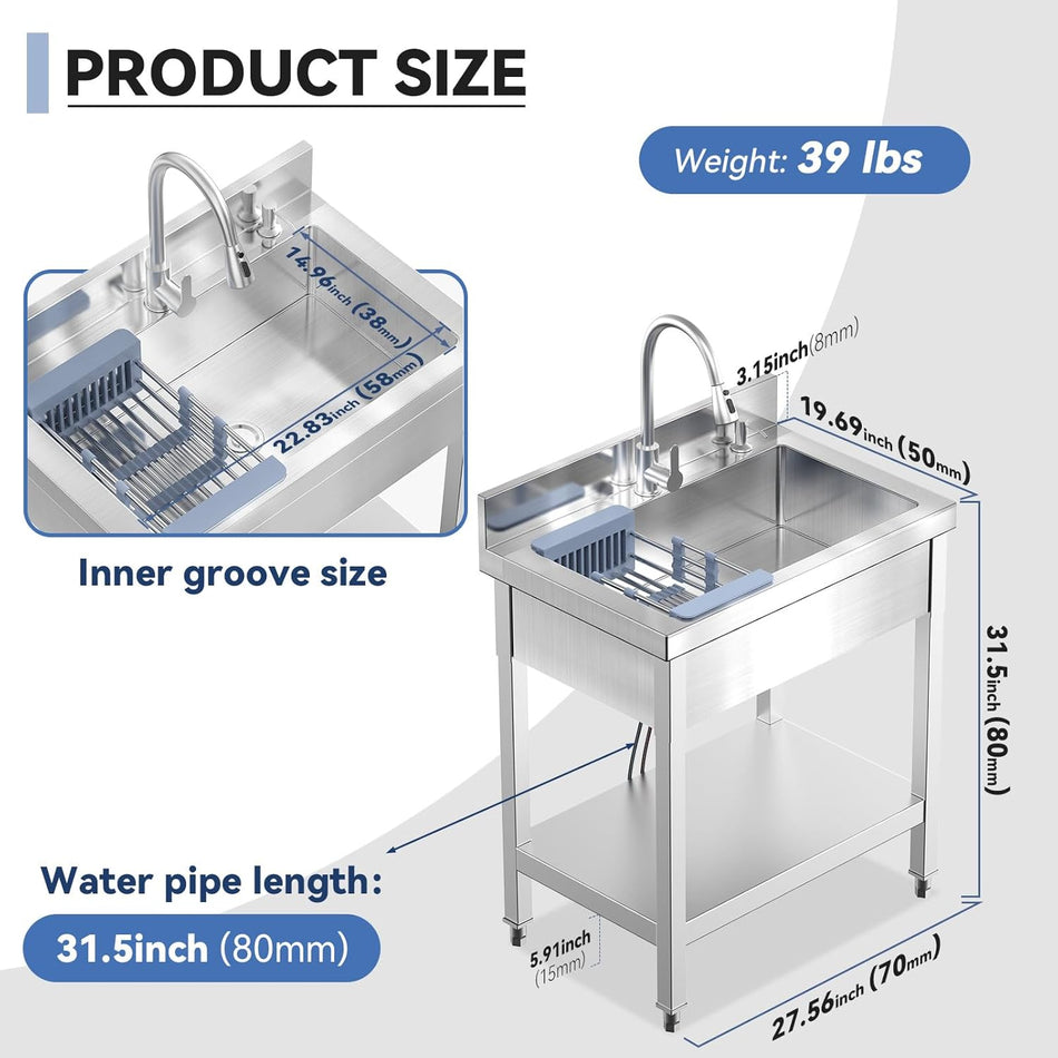 Stainless Steel Utility Sink 28" Commercial Kitchen Single Bowl Sink with Cold and Hot Water Faucet,Hoses and Drain Kit,Complete Base Plate for Kitchens, Bathrooms, Laundry Room