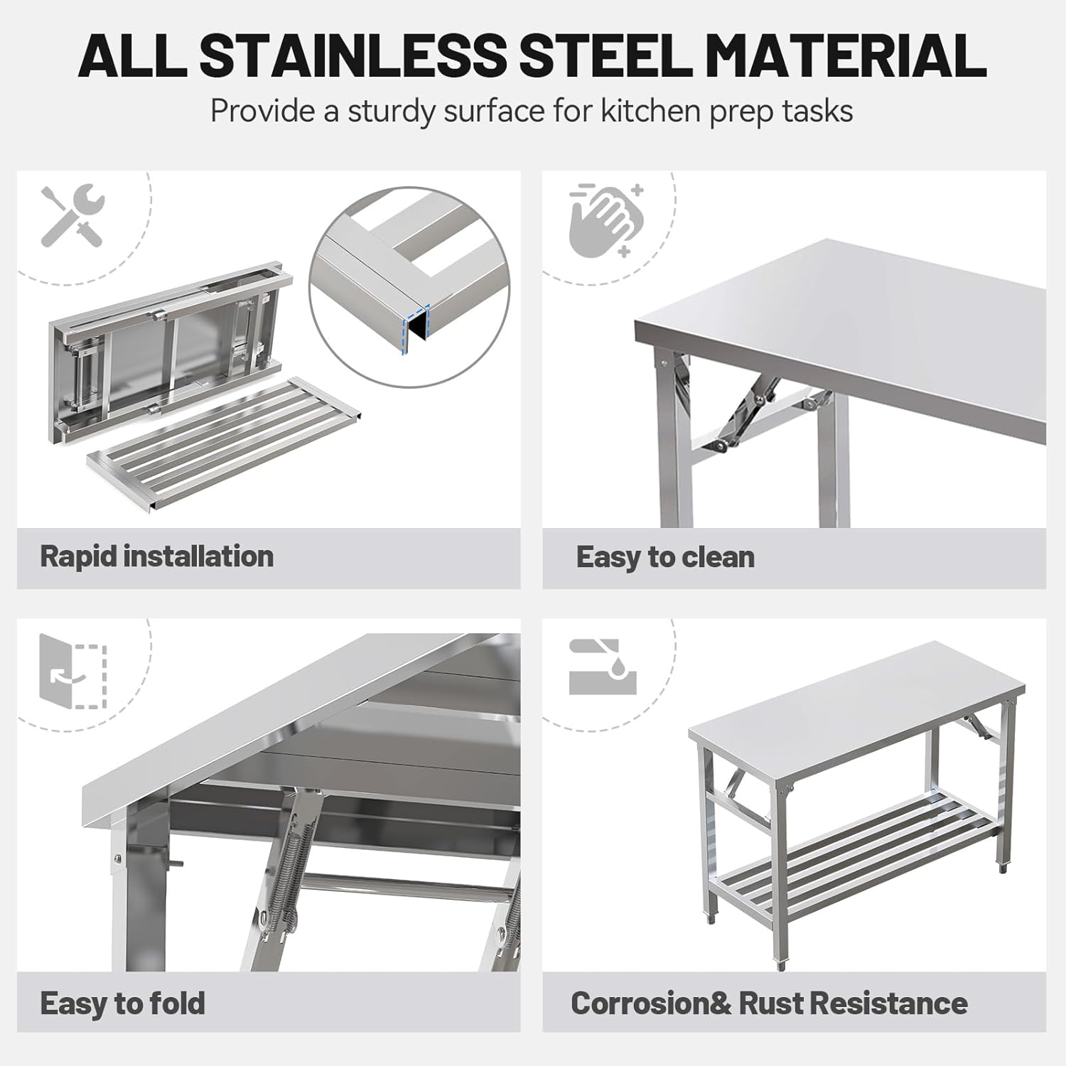 Kitchen Work Table 20'' X 44'' Scratch Resistant and Antirust Folding Stainless Steel Table with Adjustable Table Corners and Lower Removable Shelf for Outdoor Camping, Maintenance Room, Storage