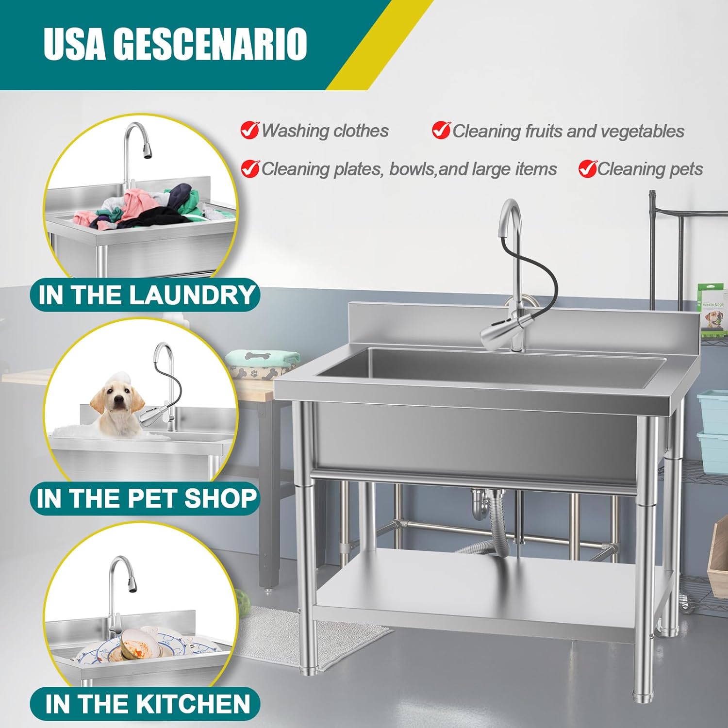 Utility Sink Stainless Steel Single Bowl Freestanding Laundry Sink with Pull-Out Faucet for Laundry Room,Garage,Kitchen,Outdoor,Indoor