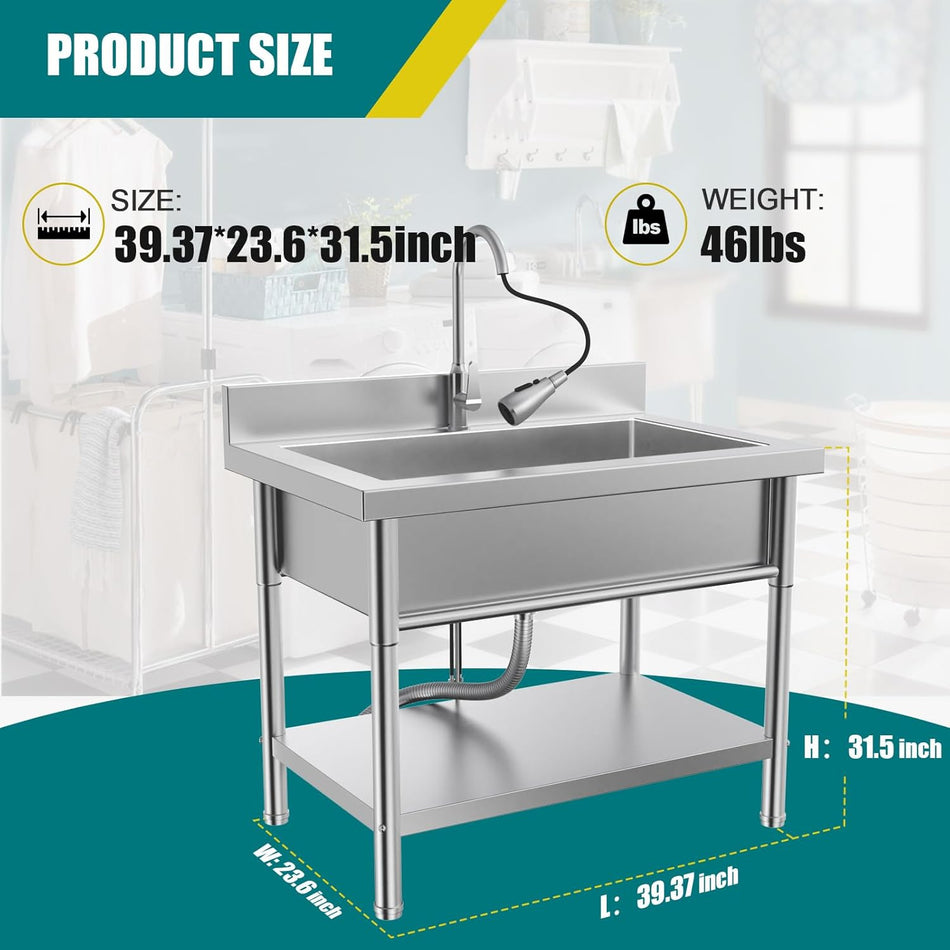 Utility Sink Stainless Steel Single Bowl Freestanding Laundry Sink with Pull-Out Faucet for Laundry Room,Garage,Kitchen,Outdoor,Indoor