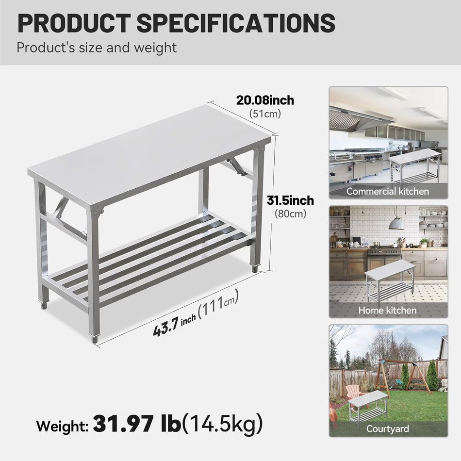Kitchen Work Table 20'' X 44'' Scratch Resistant and Antirust Folding Stainless Steel Table with Adjustable Table Corners and Lower Removable Shelf for Outdoor Camping, Maintenance Room, Storage