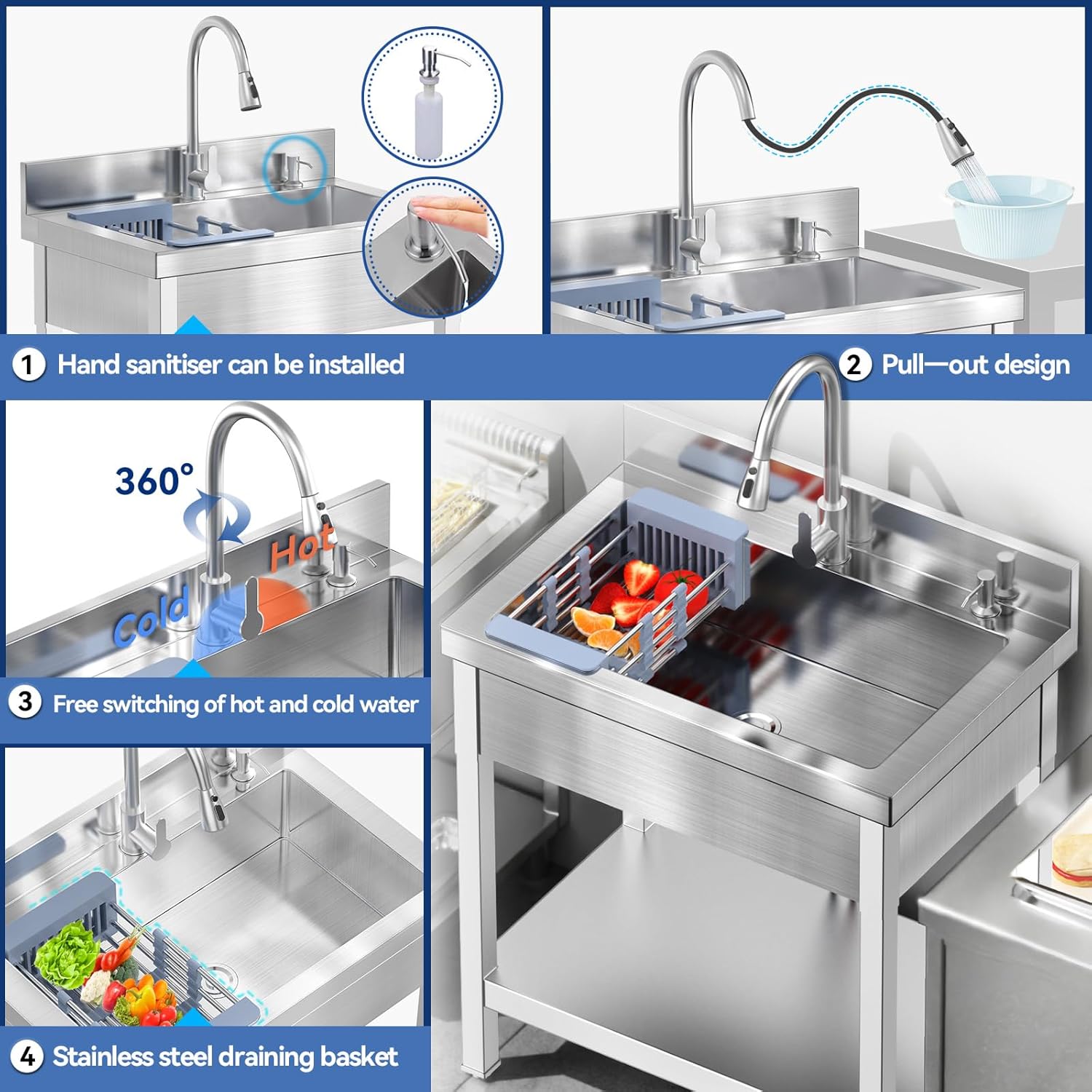 Stainless Steel Utility Sink 28" Commercial Kitchen Single Bowl Sink with Cold and Hot Water Faucet,Hoses and Drain Kit,Complete Base Plate for Kitchens, Bathrooms, Laundry Room