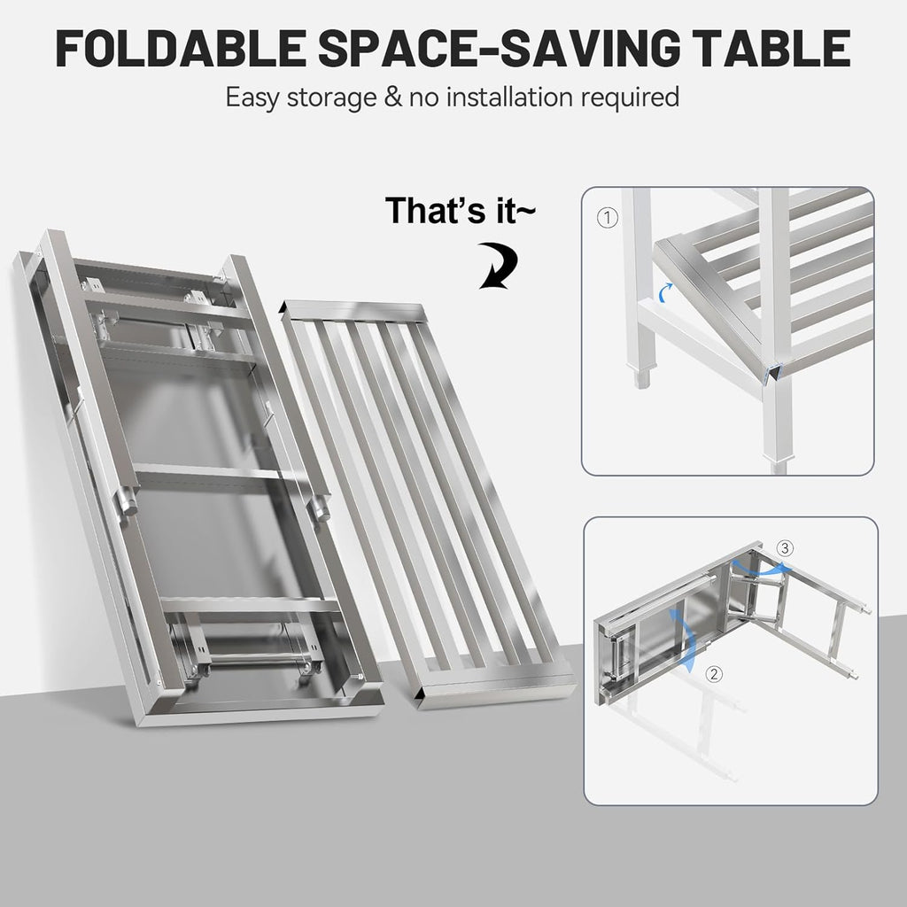 Kitchen Work Table 20'' X 44'' Scratch Resistant and Antirust Folding Stainless Steel Table with Adjustable Table Corners and Lower Removable Shelf for Outdoor Camping, Maintenance Room, Storage