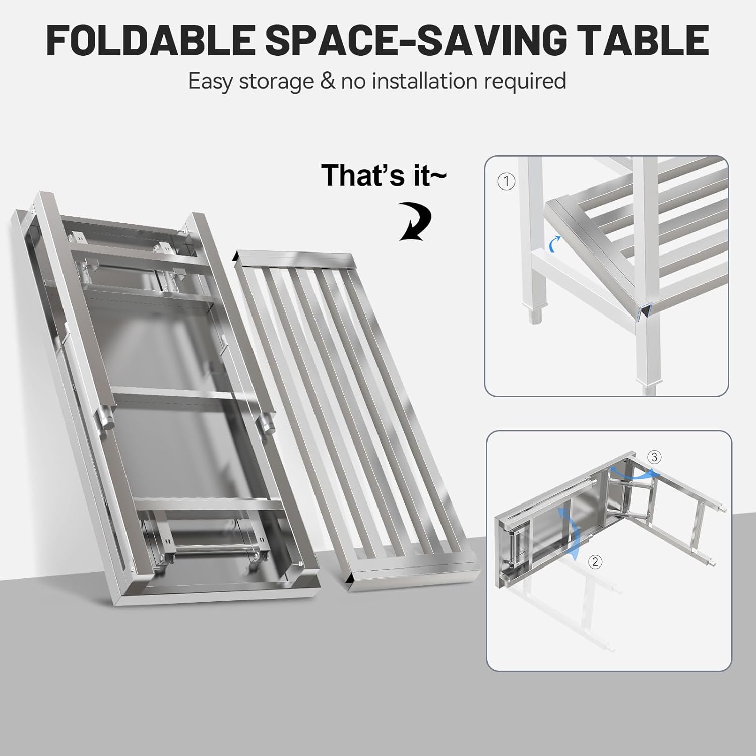 Kitchen Work Table 20'' X 44'' Scratch Resistant and Antirust Folding Stainless Steel Table with Adjustable Table Corners and Lower Removable Shelf for Outdoor Camping, Maintenance Room, Storage